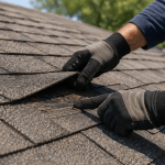Gloved hands lifting asphalt shingle during roof inspection