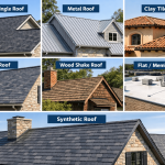 Collage showing seven roofing types: asphalt shingle, metal roof, clay tile, slate, wood shake, flat membrane roof, and synthetic DaVinci polymer roof