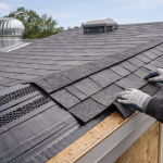 Roofing contractor installing ridge vent system with soffit vents and turbine vent on residential roof