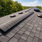 roof ventilation system with ridge vent and attic exhaust vents on asphalt shingle roof