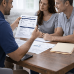 Roofing contractor discussing financial assistance options with homeowners at a table in a Texas home