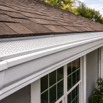 close-up of seamless aluminum gutter system with gutter guard installed on residential roof in Texas