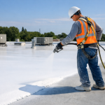 Contractor applying seamless roof membrane coating on a commercial flat roof using spray equipment