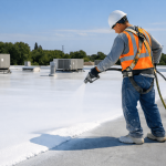Contractor applying seamless roof membrane coating on a commercial flat roof using spray equipment