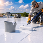 Contractor applying silicone roof coating with roller on flat commercial roof
