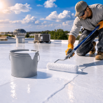 Contractor applying silicone roof coating with roller on flat commercial roof