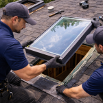 Skylight replacement being performed by professional roofers on a residential roof in Texas