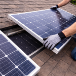 Solar panel detach and reset on residential roof during roofing work in Texas