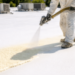 contractor applying spray foam roofing with protective coating on a flat commercial roof