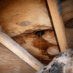 structural roof damage with exposed decking and active roof leak