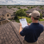 Drone perspective of a Texas roofing inspector reviewing a city permit document during roof inspection for building code compliance
