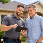 Roofing professional reviewing a tablet with a homeowner outside a Texas home