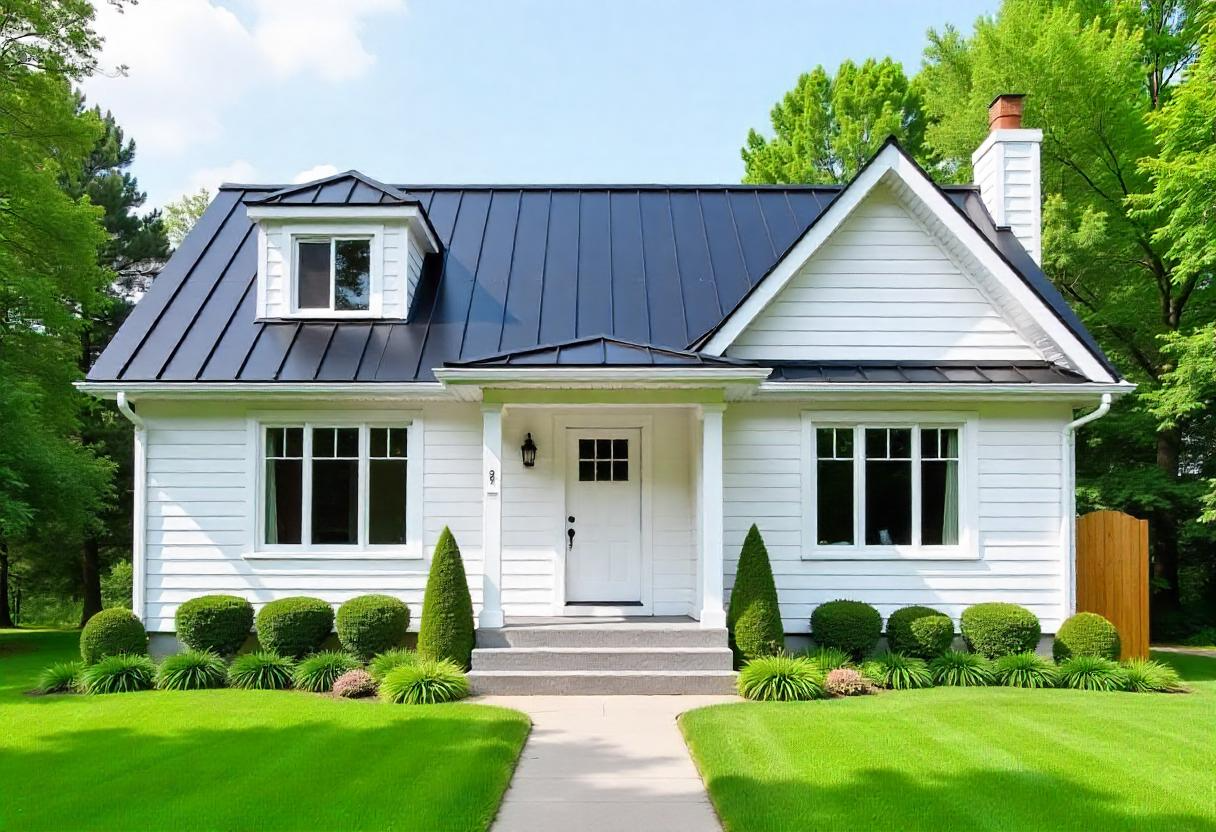 A beautiful grassy yard with a cute white house featuring a new metal black roof