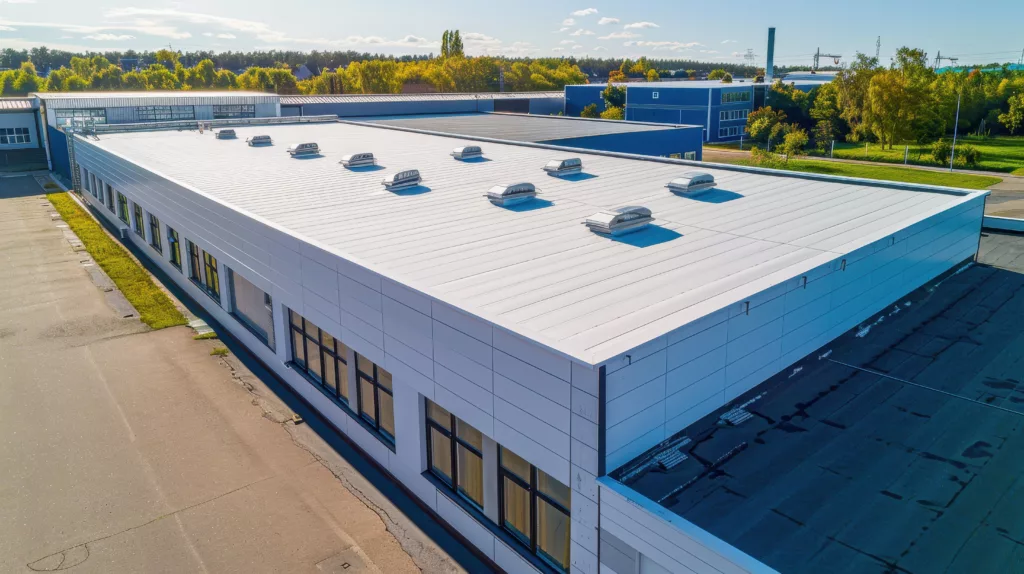 White flat roof commercial building from above