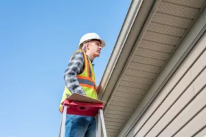 Roof inspector with helmet on ladder looking at roof