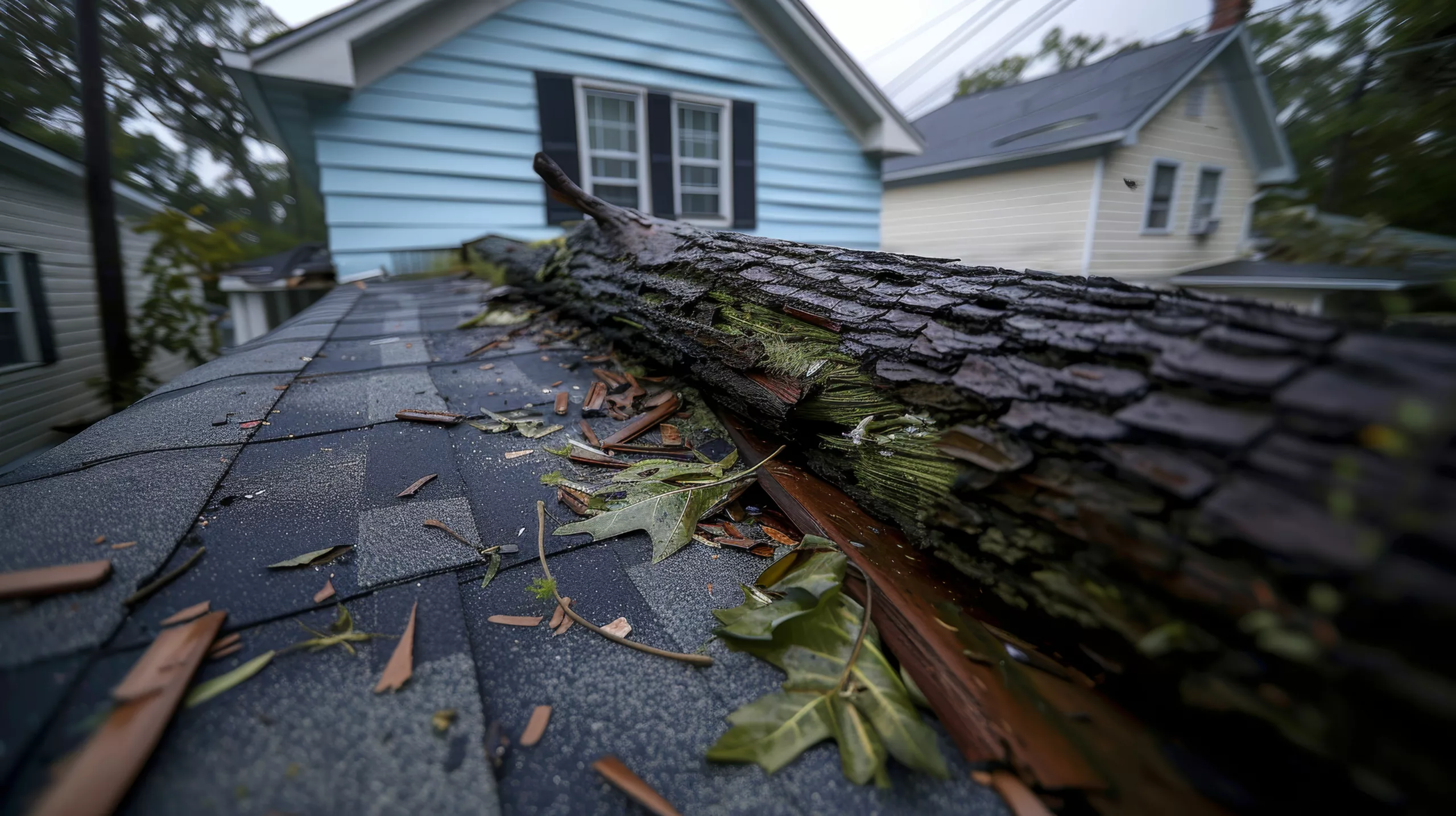 This photo shows damaged asphalt shingles.