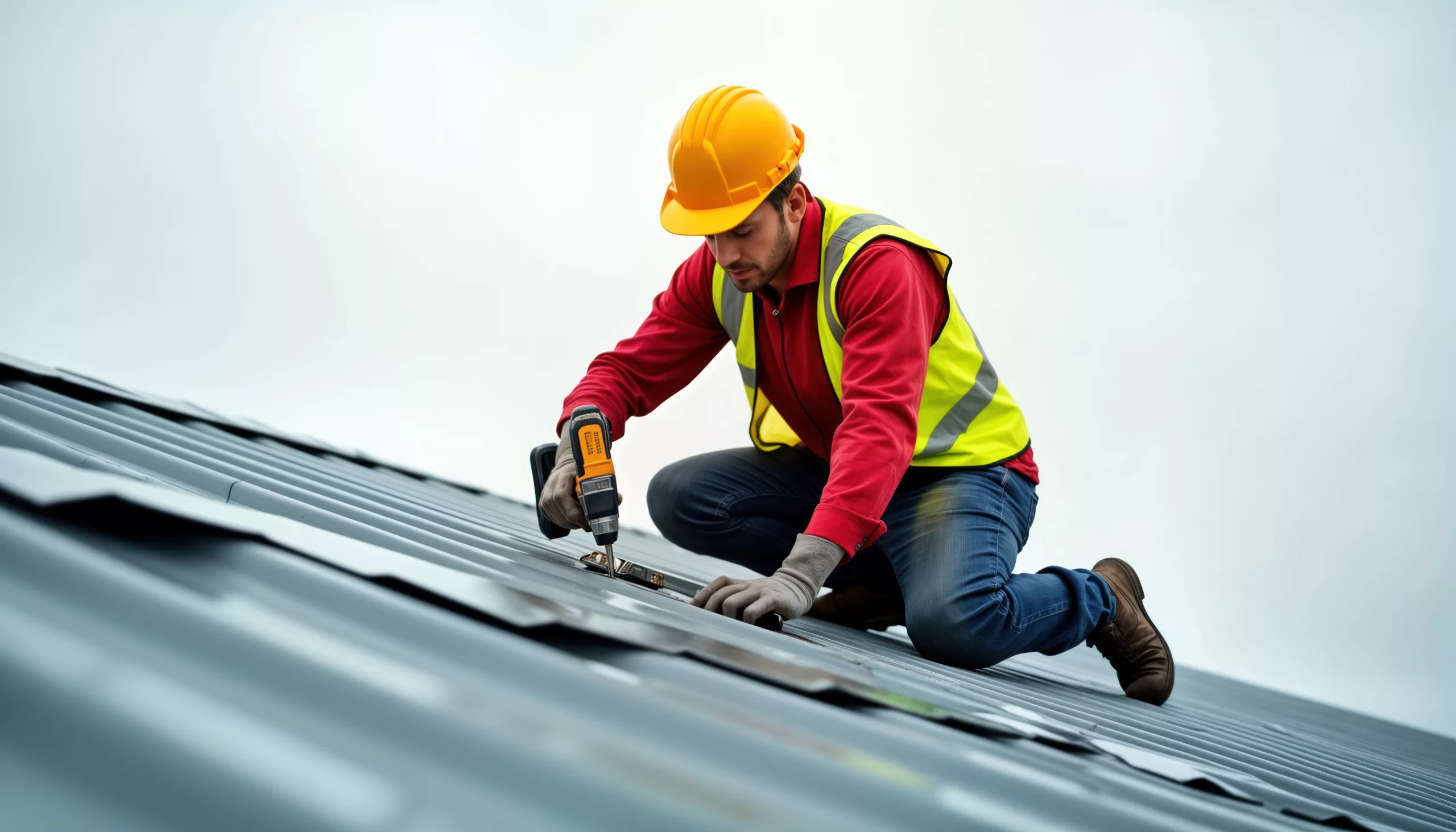 Worker replacing panels on metal roof