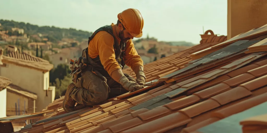 Worker in hard hat repairing tile residential roof