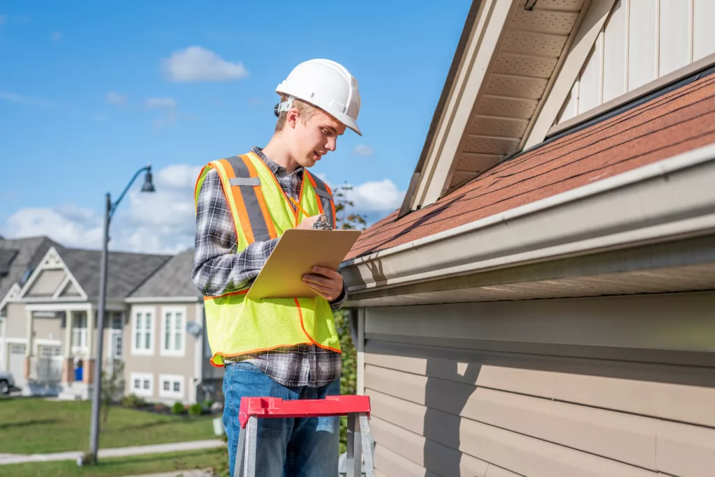 Inspector on a ladder inspecting a roof